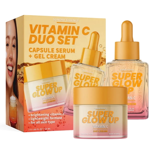 Set Duo Sérum y Crema de Vitamina C Sunday Essence – Probado por Dermatólogos, Cuidado Coreano Anti-Edad – Hidrata, Suaviza Líneas Finas, Favorece la Producción de Colágeno - Vegano, Belleza Limpia