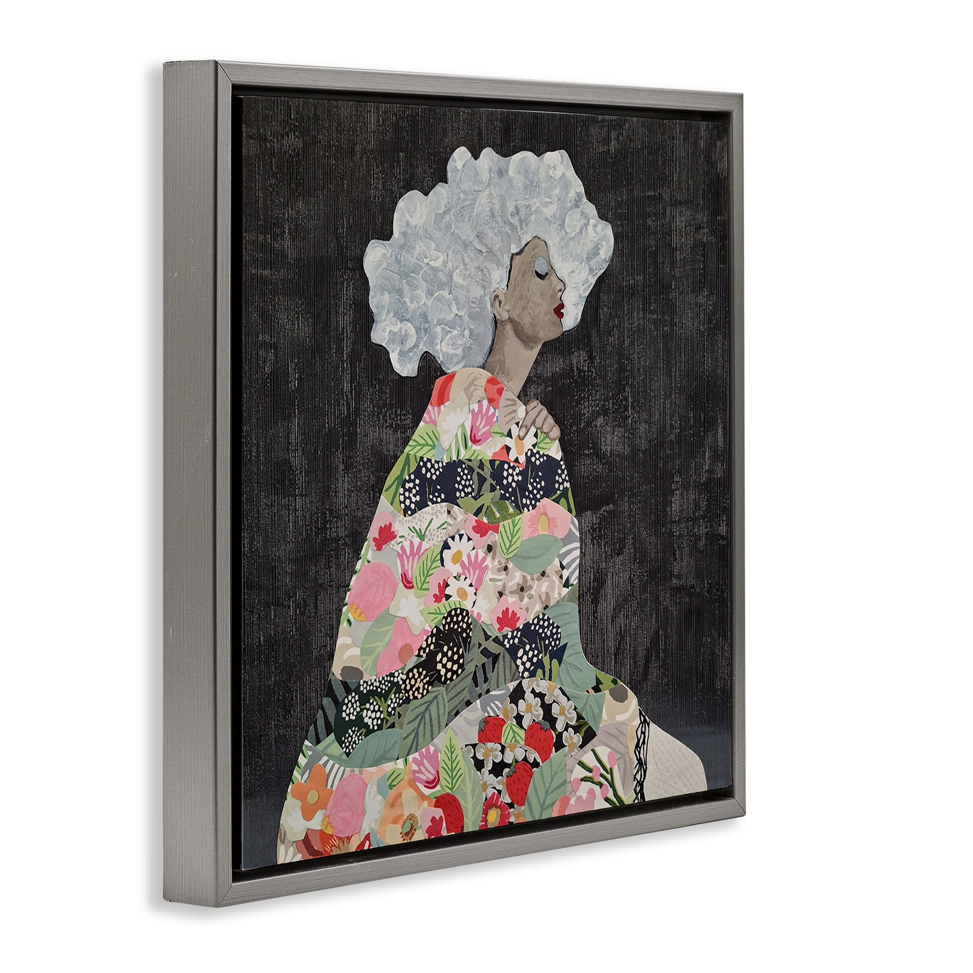 Stupell Industries Floral Dress Woman People Painting Gray Floater Framed Canvas Art Print Wall Art, 18 x 18