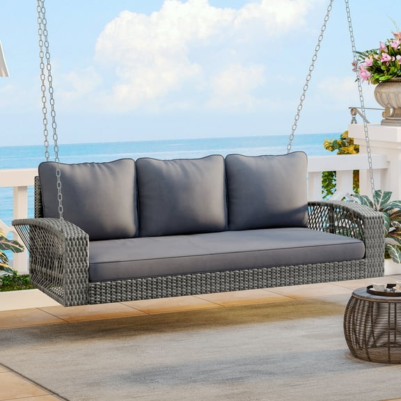 LiviNest All-Weather Porch Swing: 69" 3-Person Patio Swing - 800lb Capacity for Backyard & Garden - Gray PE Wicker Bench with Cushions & Chains