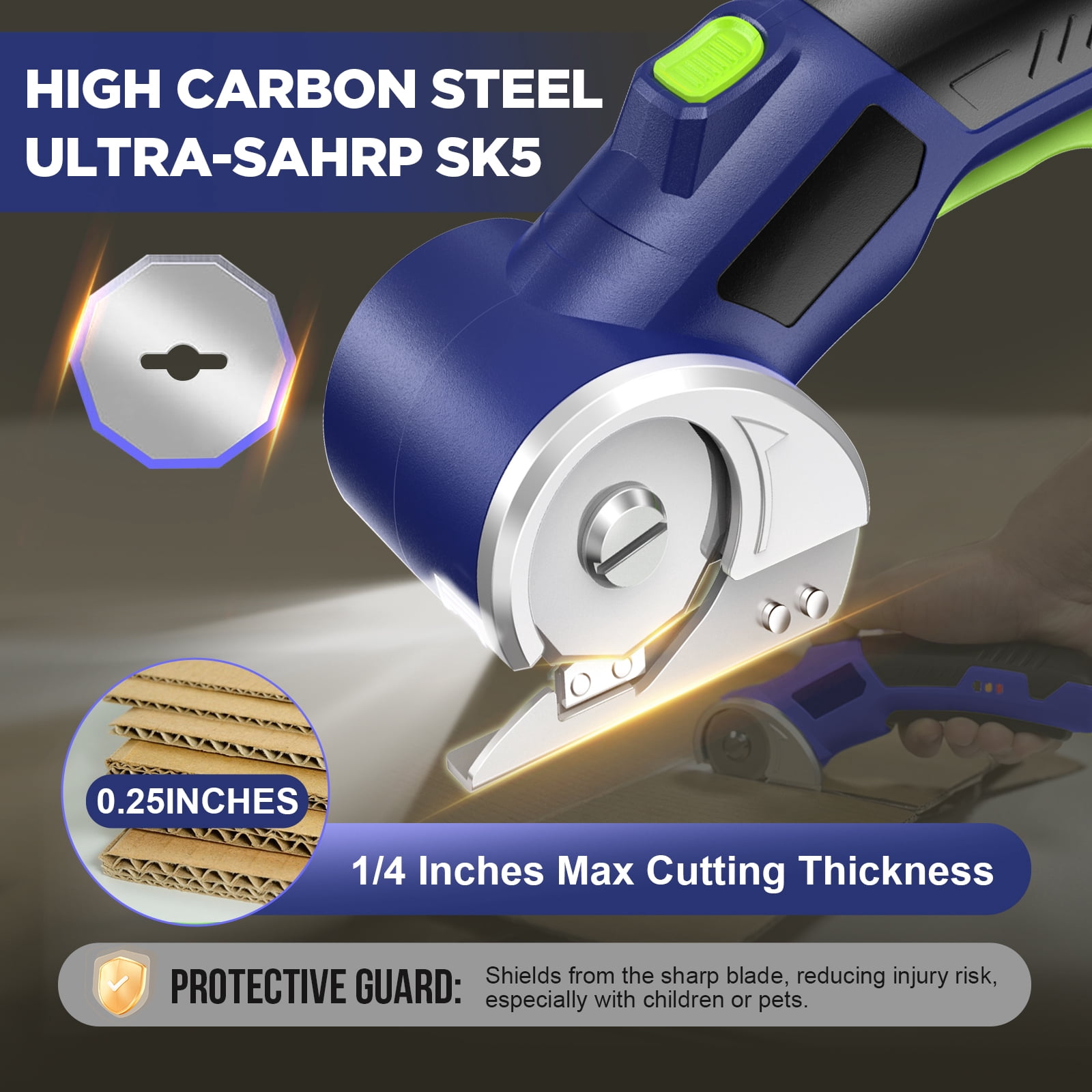 4V Cordless Electric Scissors, 320RPM Rotary Box Cutter with Safety Blades & LED Light, Max Cut 1/4" for Cardboard Fabric Plastic Leather Crafts