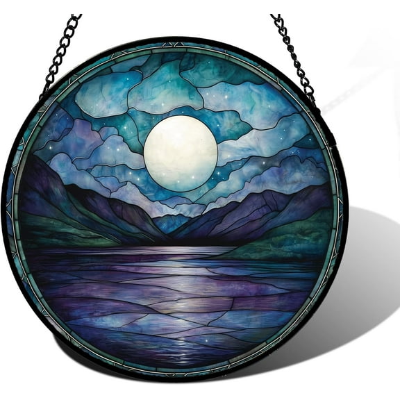 Stained Glass Window Hanging, Blue Night Moon Lake Sun Catchers Colorful Glass Panel Landscape Suncatcher Decor for Birthday for Women, Men, Wife, Aunt, and Mom