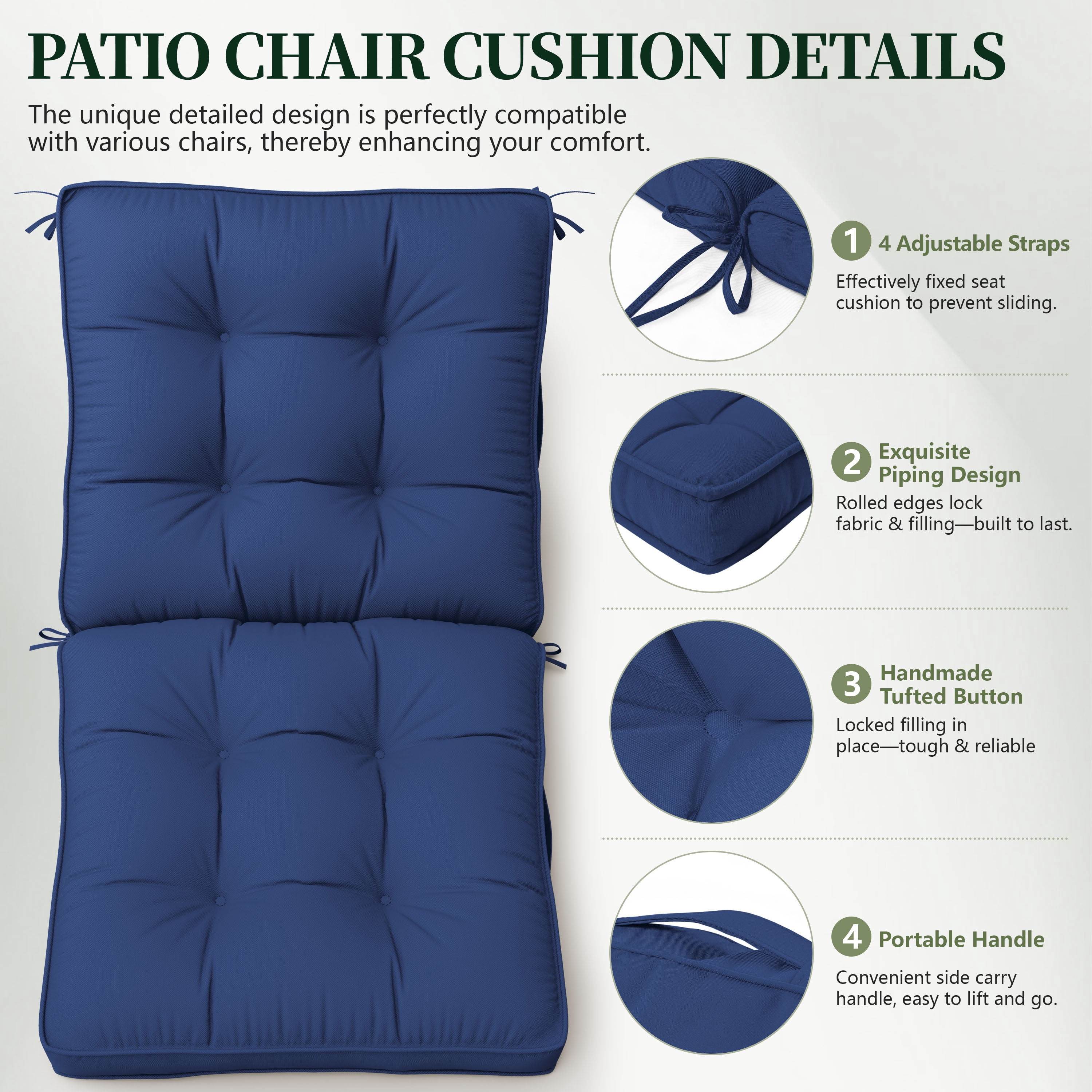 Pakunoda Chairs Cushions 42" X 21" Tufted Non Slip Pad Seat and Seatback 4 Set Cushion with Ties for Patio Outdoor & Indoor Rocking Chair, Blue