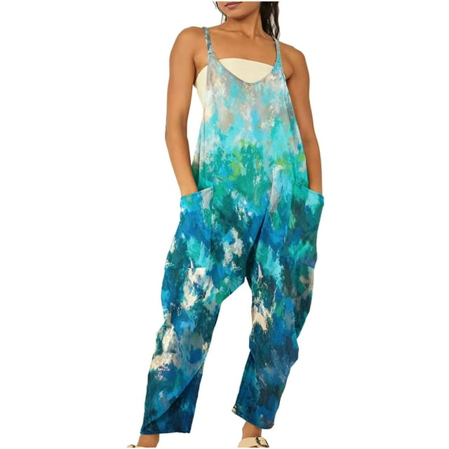 Womens Summer Beach Rompers Sleeveless Spaghetti Straps V Neck Suspender Overalls Loose Long Pants Jumpsuits Playsuits