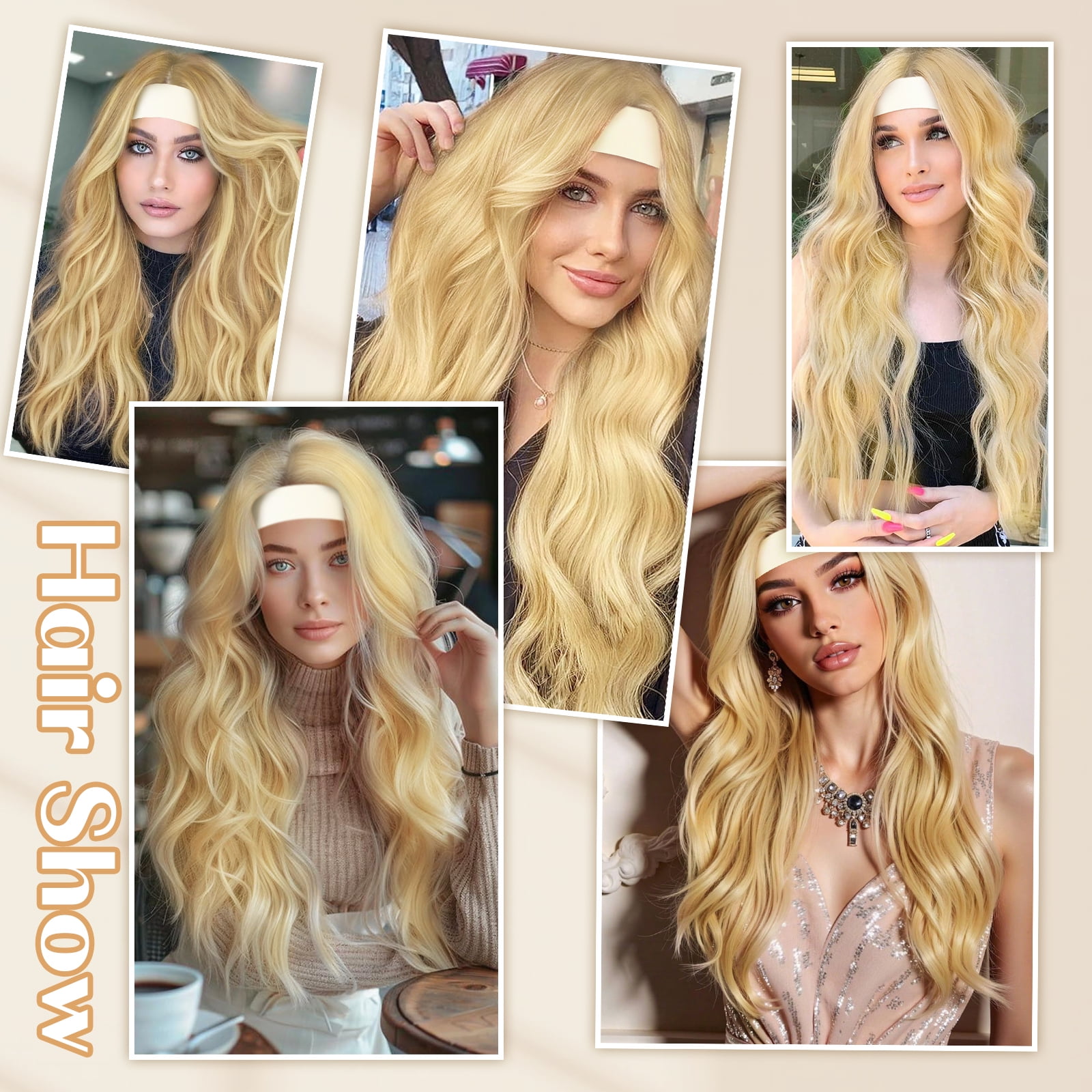 Phocas Headband Wig for Women Shoulder Length Blonde Wavy Wigs Natutal Looking for Daily Party Use