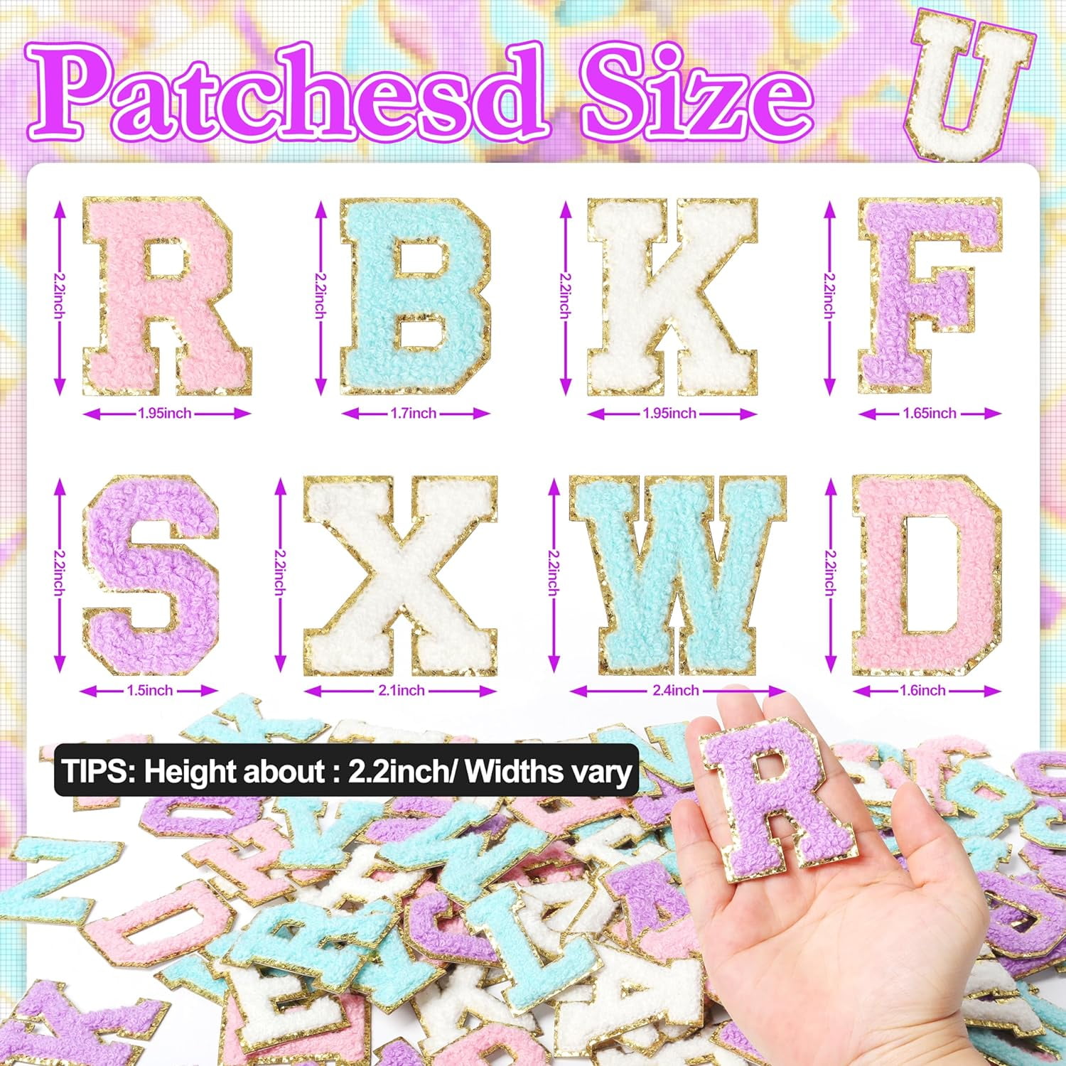 ABCISI Self-Adhesive Chenille Letters Patches: 104PCS Mixed Color Preppy Letter Patches Stickers for Clothing Backpacks - Embroidered Cheille Initial Patch for DIY Decor
