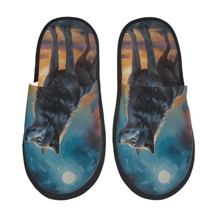 Balery Moonlit Night Sky Wolf Slient Indoor Furry Fleece Comfort House Shoes Soft Non-Slip Home Shoes Cotton slippers House Slippers-- Large