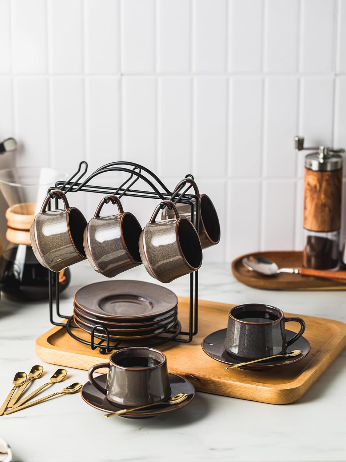 Espresso Cups 4 Oz, Porcelain Coffee Set of 6 Cup with Saucers