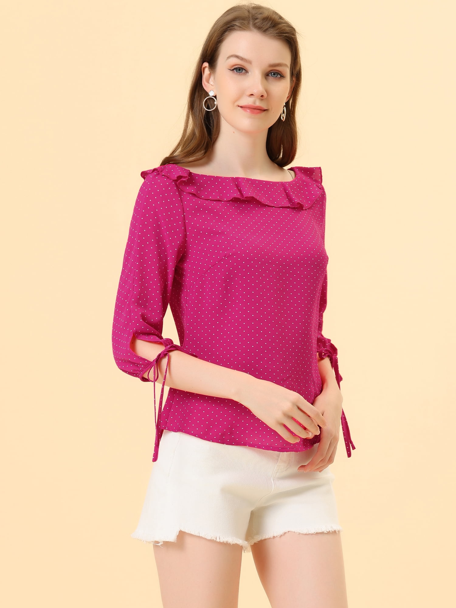 DARING DIVA Polka Dots Ruffled Neck 3/4 Sleeve Blouse Top M Hot Pink