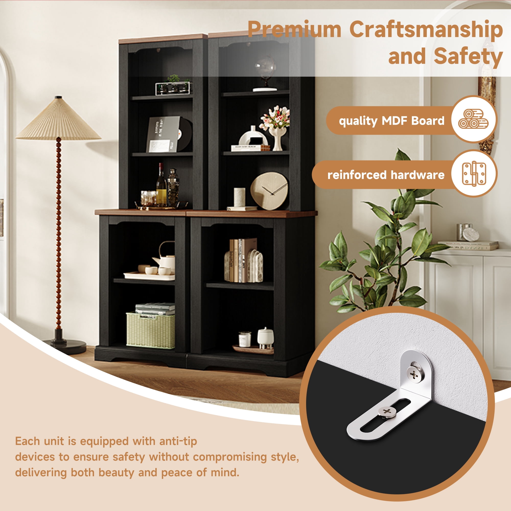 Miniyam 21" x 15" x 66" 2-Piece Freestanding Tall Cabinet with Fully Open Storage, Bookshelves with Curved Design, Display Bookcase with Anti-Tip Device, Black