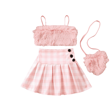 SUCS 3pcs Girls Clothes Summer Suit Plush Sling Plaid Skirt Bag 3piece Suit Pure Cotton Set