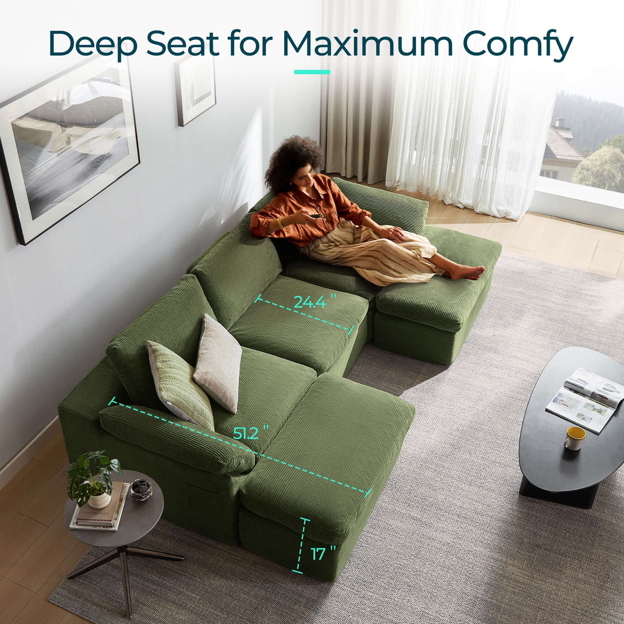 LINSY HOME Oversized 79" Boneless Sectional Couches for Living Room, Cloud Couch Sofa with Corduroy Fabric, 2 Seat Foam Sofa for Living Room, No Assembly Required, Green