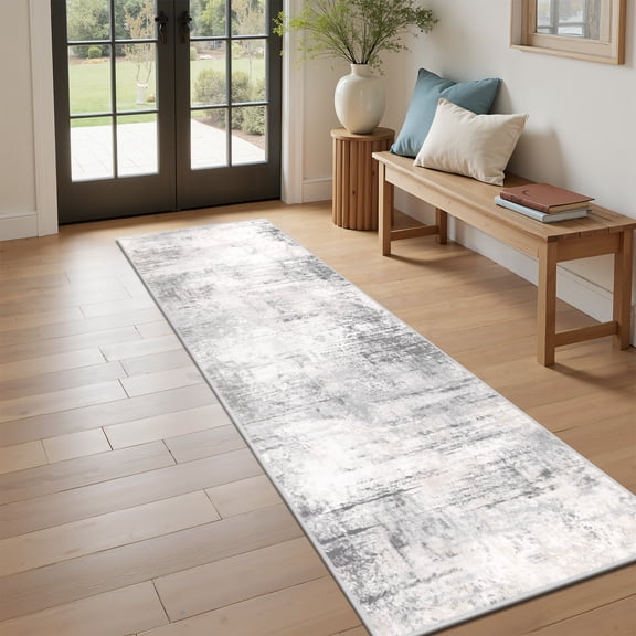 Findosom 2'x6' Runner Rug for Hallways,Non-Slip Washable Bedside Rug Abstract Low Pile Floor Rug Ultra Soft Distressed Kitchen Runner Carpet for Hallways,Kitchen,Bathroom,Entrance,Grey