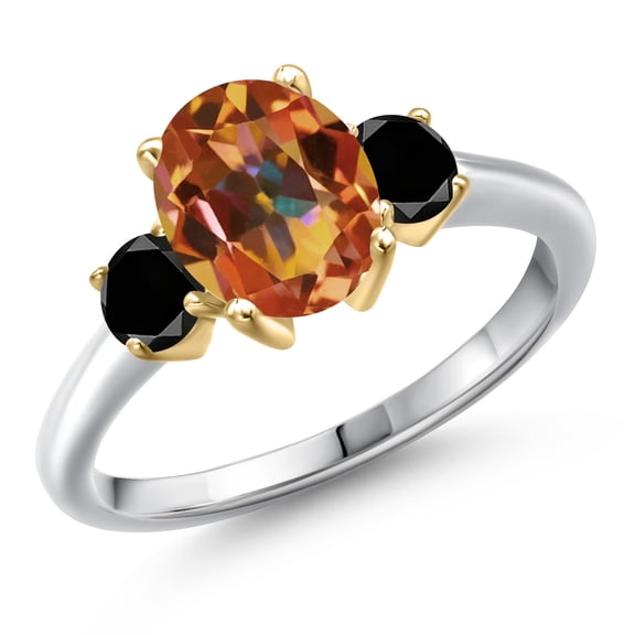 Gem Stone King 925 Silver and 10K Yellow Gold Ecstasy Mystic Topaz and Black Diamond Engagement Ring for Women | 2.54 Cttw | Oval 9X7MM | Gemstone November Birthstone | Size 8