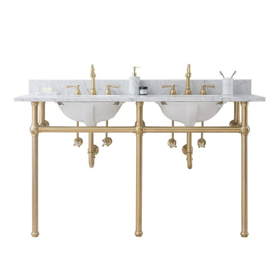 Water Creation 60 In. W. Double Wash Stand, P-Trap, Carrara White Marble Countertop