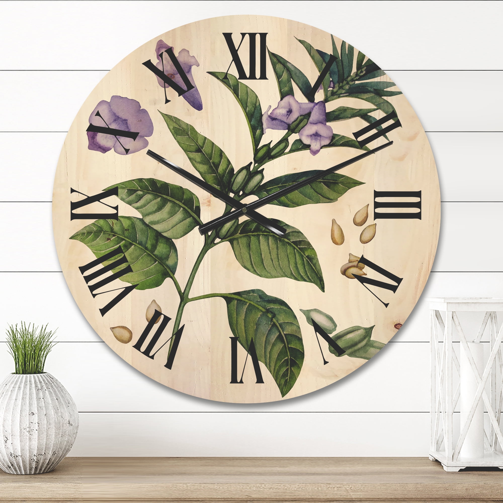 Designart 'Purple Sesame Flowers WIth Green Leaves On White' Traditional Wood Wall Clock