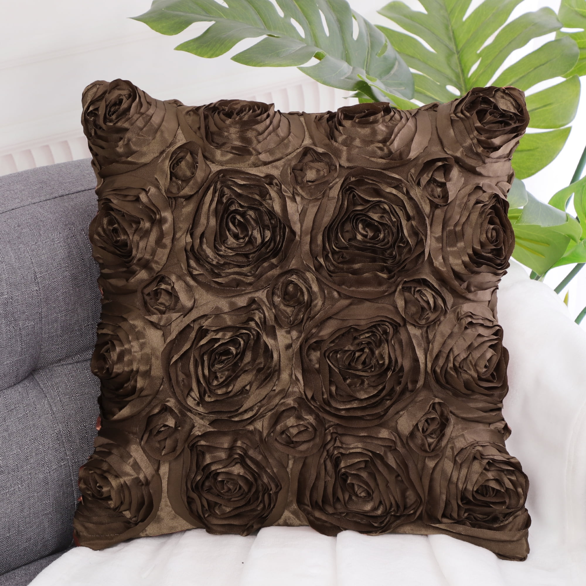 Unique Bargains 3D Flower Decorative Throw Pillow Cover 16" x 16" Coffee Color