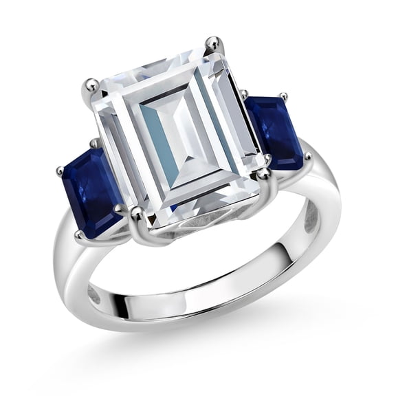 Gem Stone King 925 Sterling Silver Blue Sapphire Ring Set with Emerald Cut Moissanite (8.61 Cttw) (Size 6)