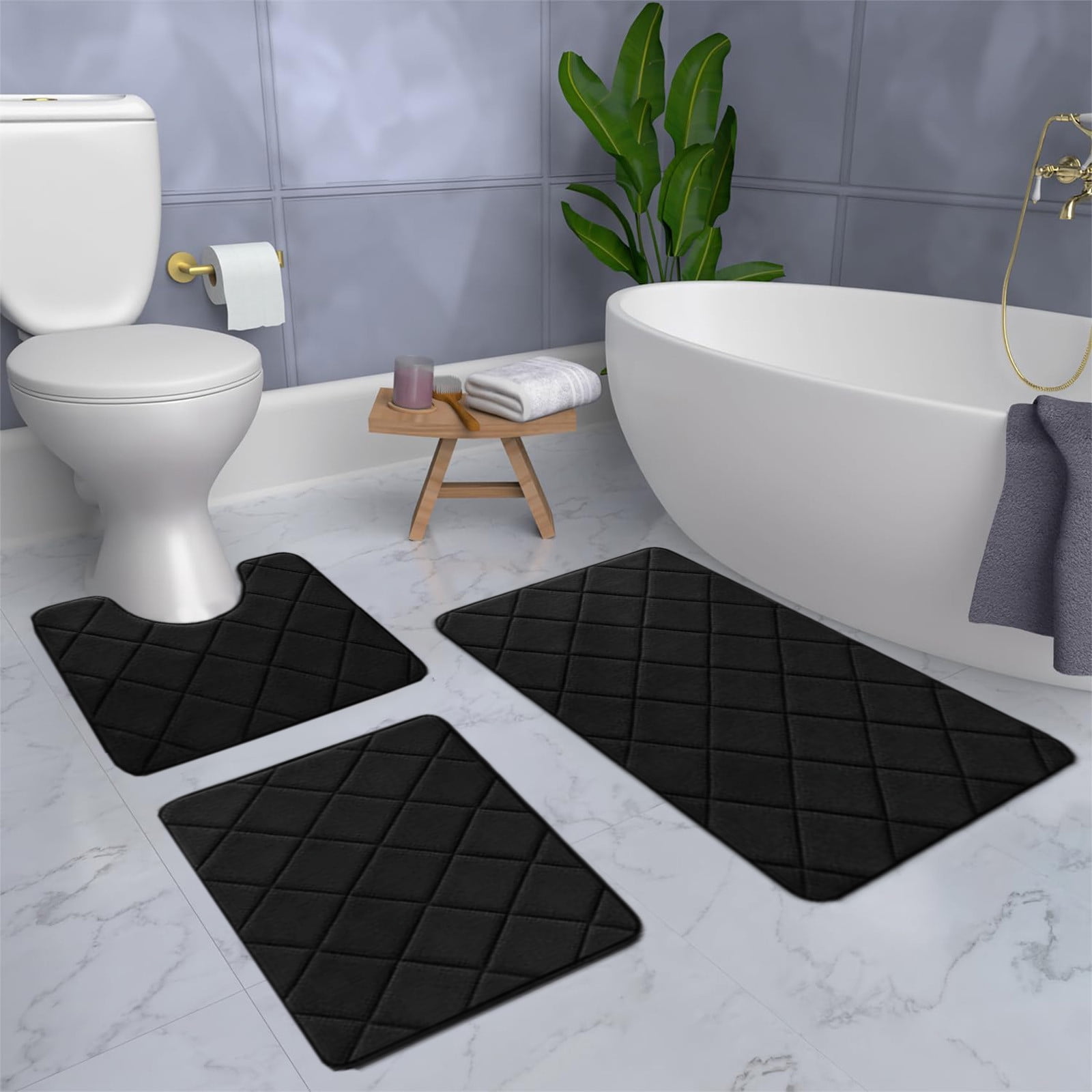 3 Pieces Luxury Bathroom Rug Set With U-Shaped Toilet Rug, Non-Slip Rubber Bottom, Thick Microfiber Fluffy Plush, Water Absorption, Machine Washable,Quick Dry, Ultra Soft, Bath Mats For Bathroom, Tub
