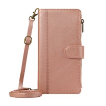 ELEHOLD Case for Google Pixel 7 Pro, Luxury Zipper Leather Wallet Crossbody Phone Case with Wrist Strap & Folio Stand,Rosegold