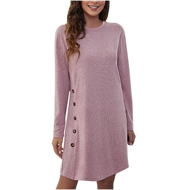 CEHVOM Women's Casual Round Neck Long Sleeve Solid Ladies Button Mini Dress