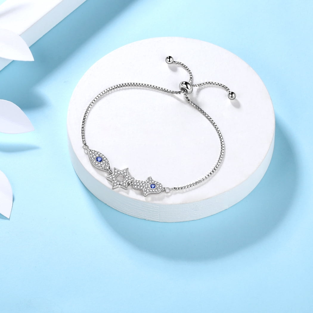 Blue Evil Eye Bracelets 925 Sterling Silver Hamsa Fatima Hand Charm Stars of David Bracelet Protection Amulet Jewelry Gift for Women
