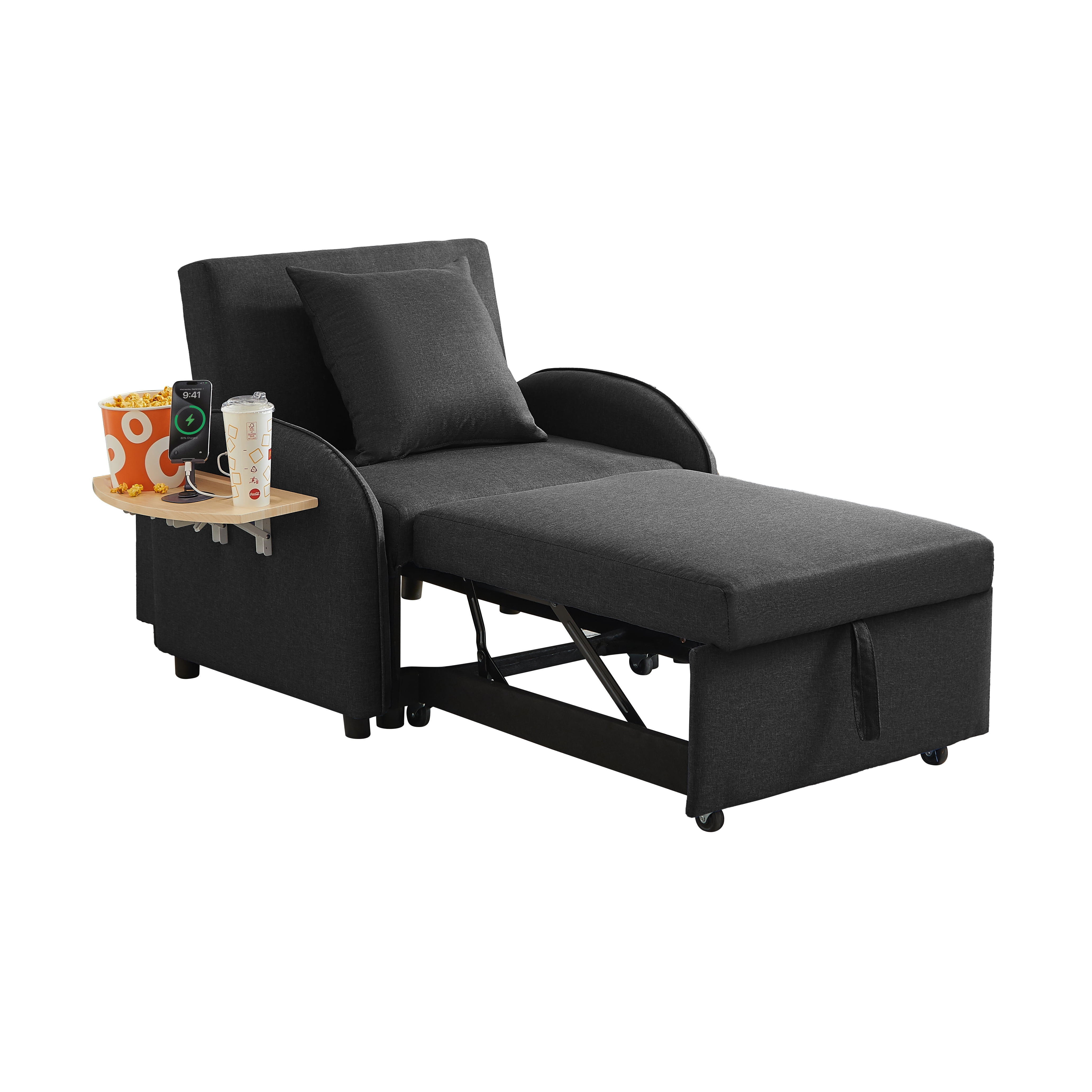 Leumius Convertible Sofa Chair Bed,3-in-1 Sleeper Sofa with Pull-Out Bed and USB Port,Foldable Table,Modern Linen Single Sofa Chair with Reclining Backrest for Living Room Small Space,Black