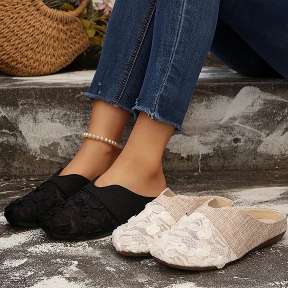 Women's Wide Width Lace Mule Flats, Round Toe Breathable Slip-On Casual Dress Shoes for Summer, Black/Beige