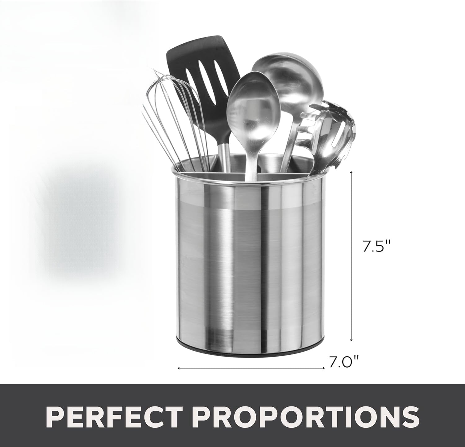Jumbo Stainless Steel Rotating Utensil Holder with Removable Divider - Stylish kitchen cooking utensil organizer. Height 7.5".
