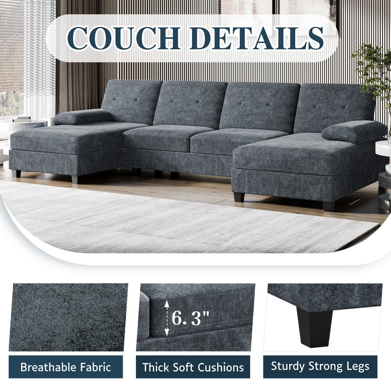 Walsunny U-Shaped Sectional Sofa Couch, 4 Seat U Shaped Oversized Clearance Sofa Set with Double Chaise for Living Room, Dark Gray