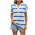 thumbnail image 3 of Feancey V Neck Striped Tops for Women Color Block Fashion Henley Shirts Cap Sleeve Button Up Collarless T-Shirts Comfy Soft Cute Tees Blue L, 3 of 9