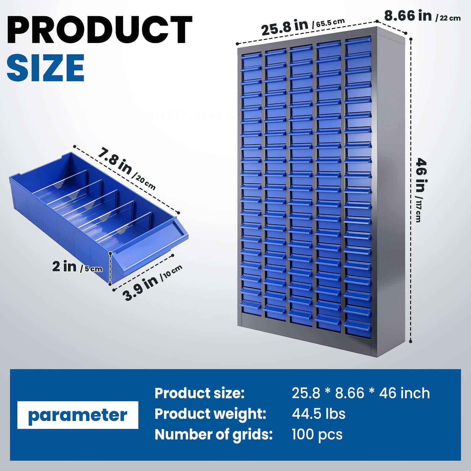 Parts Cabinet, Tool Storage Cabinet with Drawers, 100-Compartment Vertical Storage, 46" Height Space Optimizer, ABS Plastic Drawer Organizer Cabinet, Screw Organizer Cabinet, Ideal for Workshop, Home