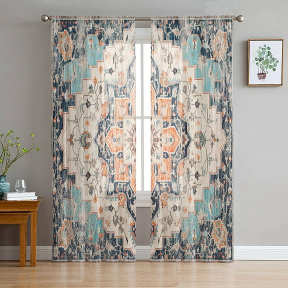 Rustic Geometric, Sheer Curtains 84 Inches Long 2 Panels Set, Window Sheer Curtains for Living Room/Bedroom, Farmhouse Shabby Chic Ethnic Tribal Light Filtering Rod Pocket Curtain 52'' x 84'' x 2