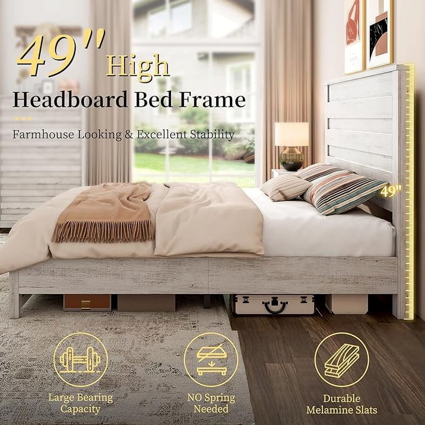 VanAcc King Size Bed Frame with 49" Tall & Full-Panel Headboard, Farmhouse Platform Bed with Wood Slats & Metal Bed Frame, Noise Free