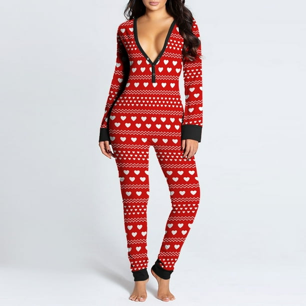 Pisexur Women s Plus Size Onesies Pajamas Sexy Button Down Front Deep V Neck Bodycon Jumpsuit Heart Print Butt Flap Pajamas Long Sleeve Romper Overall