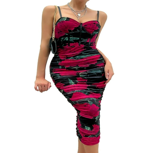 Women‘s Midi Bodycon Dress with Floral Print and Ruched Sleeveless Design
