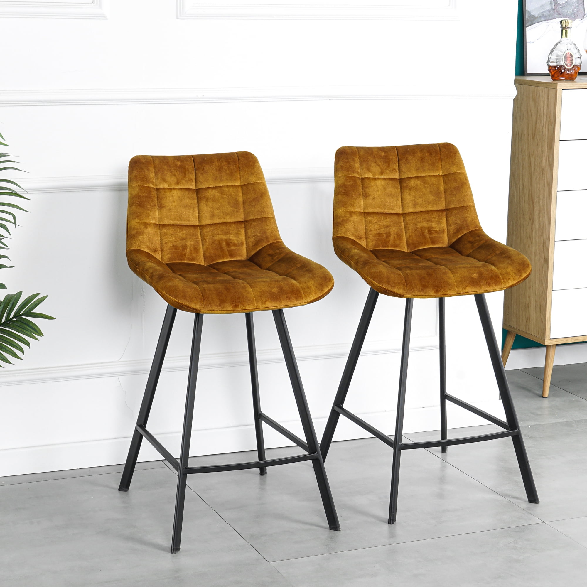 Kepooman 2 Pcs Leisure Barstool with Metal Legs, Modern Nordic Counter Height Bar Chair, Dark Yellow