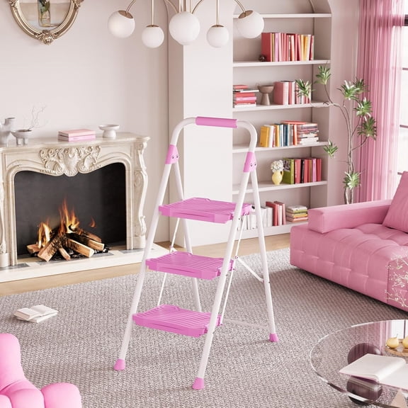 3 Step Ladder Pink with Handrail Anti-Slip Wide Pedals 900lbs Foldable Stool for Home Garage Garden