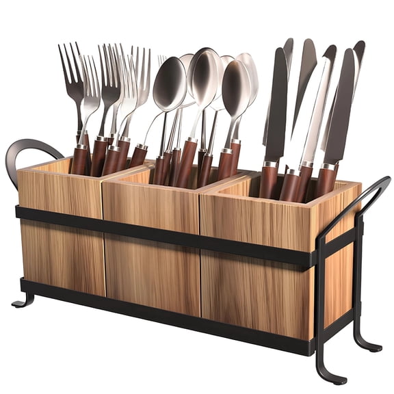 3‑Compartment Wooden Utensil Caddy with Metal Frame – Silverware & Cutlery Holder for Kitchen Countertop, Farmhouse Style, Detachable Box for Easy Cleaning