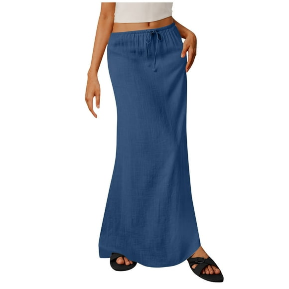 Ohufall Cotton And Linen Maxi Skirts for Women Summer Solid Trendy Casual Straight Skirts Elastic Waist Drawstring Ladies Comfy Long Skirt