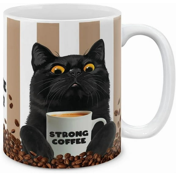 Cute Black Cat Ceramic Coffee Mug Tea Cup It's Coffee Time Strong Coffee Ceramic Mug Novelty Coffee Tea Cup for Cat Lover Mug Birthdays Gift- 11 OZ