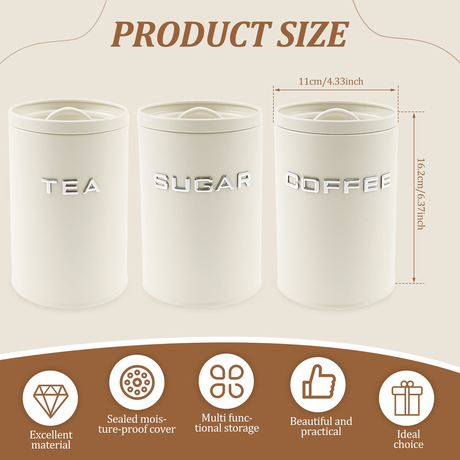 3 Pack Kitchen Canisters with Lids Airtight Metal Canister Set, Food Storage Containers Jars for Coffee, Sugar, Tea, Flour, Rustic Kitchen Decor Containers
