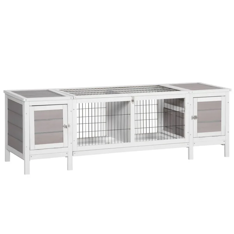 Fir Wood Rabbit Hutch - Outdoor Indoor Bunny Cage with Run, Easy Clean Tray - White 161 x 50.5 x 53.3cm