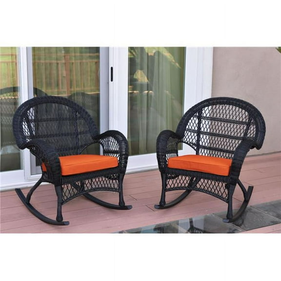W00211-R-2-FS016 Santa Maria Black Wicker Rocker Chair with Orange Cushion - Set of 2