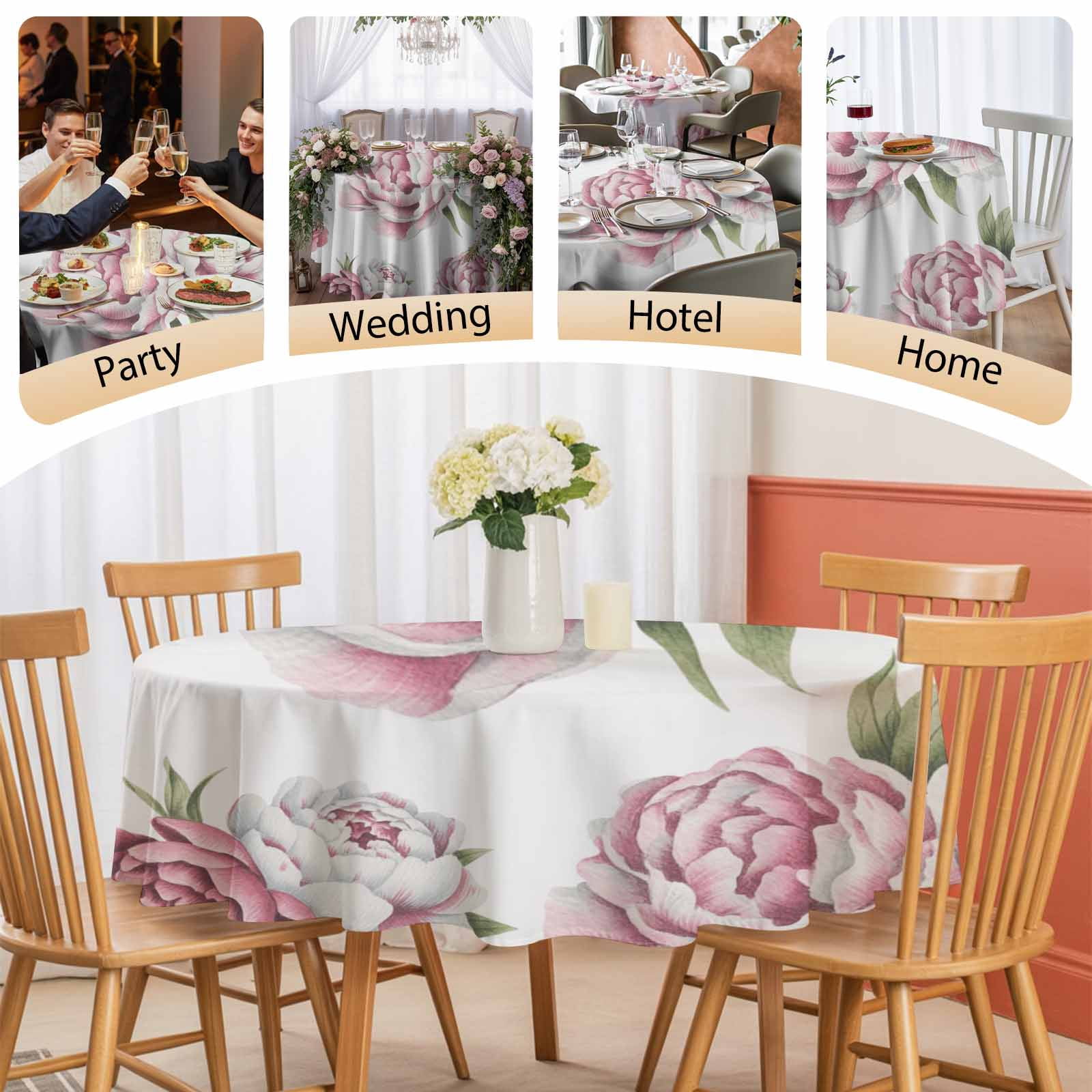 Round Tablecloth Pink Rose Vintage Floral Waterproof Oil Proof Polyester Table Cloth Cover Decor for Home Dining Outdoor,Patio,Parties, 54" Dia. Watercolor Flower Pattern