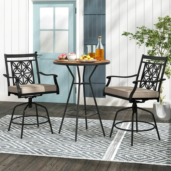 Costway Outdoor 360°Swivel Bar Stools Set of 2 with Seat Cushions High Back & Armrests