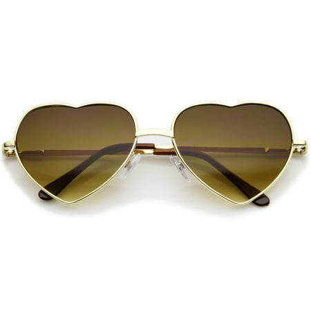 Small Thin Metal Frame Temples Colored Gradient Lens Heart Sunglasses 52mm (Gold / Amber)