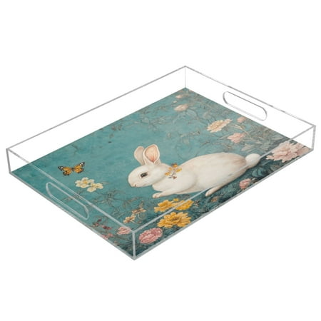 

WOBOGO Acrylic Serving Trays 15.7x11.8 Inch Spill Proof Clear Decorative Organizer with Handle White Rabbit in Flower Pattern