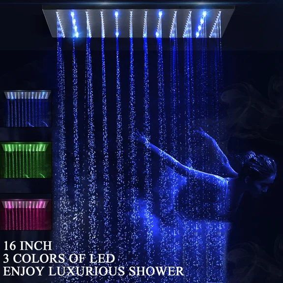 LED Black Square 16 Inch Rain Shower Head High Pressure Top Sprayer Solid Brass
