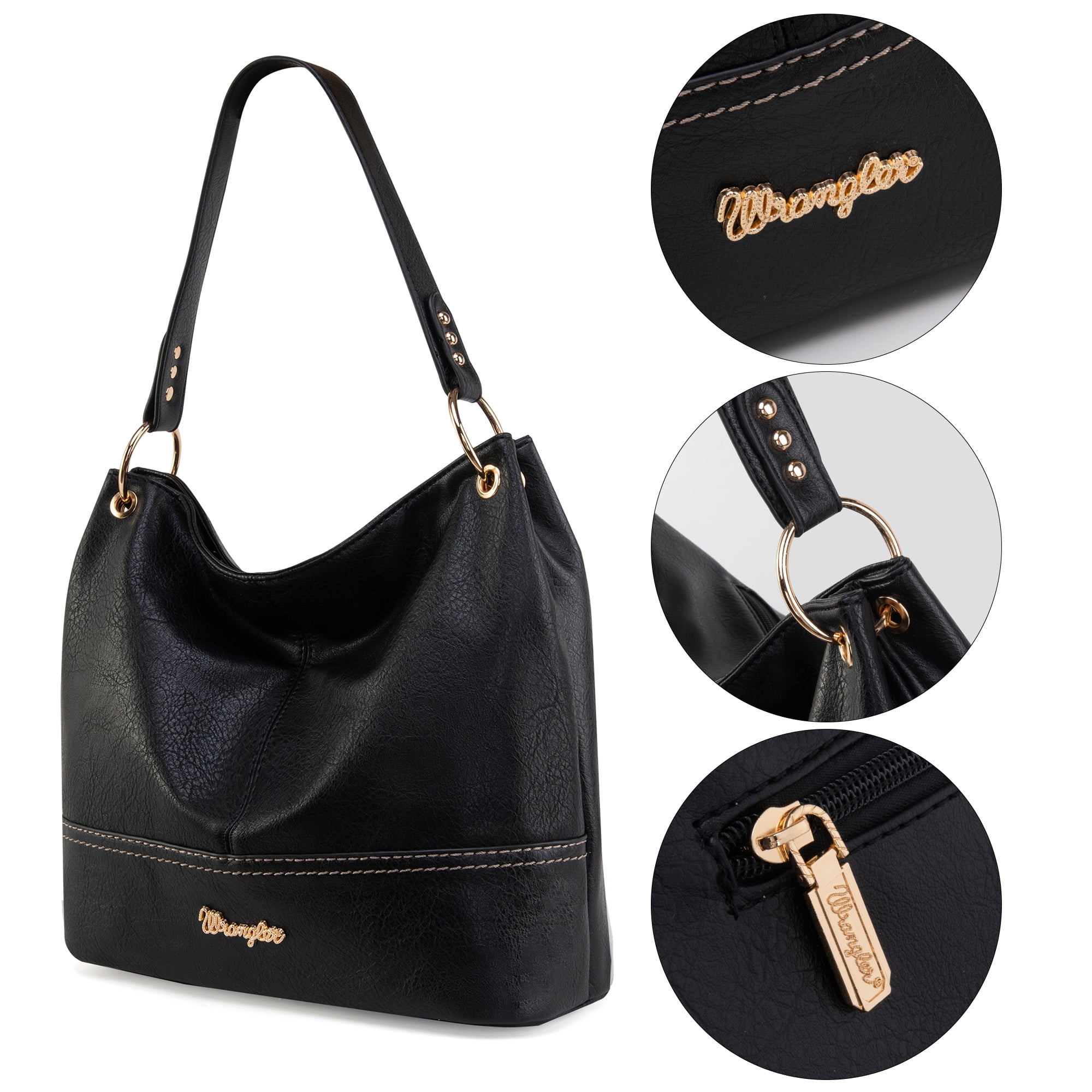 Wrangler Hobo Bags for Women Leather Tote Bag Shoulder Bag Top Handle Satchel Purses and Handbags, Solid Black