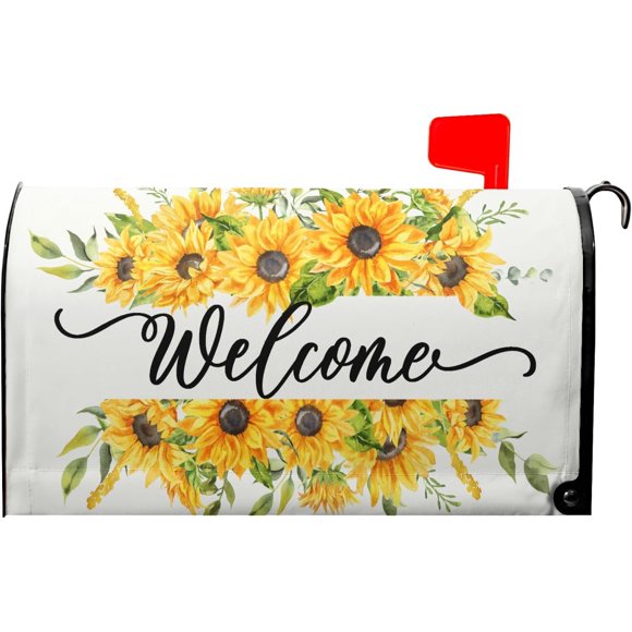 Bienvenue Boîte aux Lettres de Printemps Couvertures Magnétiques Taille Standard 25x21 Po Printemps Été Tournesols Couverture Boîte aux Lettres Décalcomanies Ferme Jaune Floral Enveloppes Boîte aux Lettres pour Maison Jardin Cour